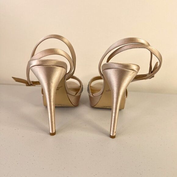 NWOB Jewel by Badgley Mischka Beige Satin Rhinestone Strappy Heels - Picture 4 of 7